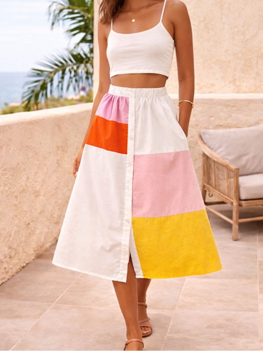 Moodie Colorblock Midi Skirt M A-Line Elastic Waist Pink Yellow Summer